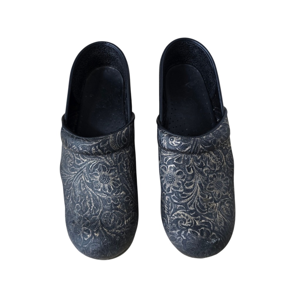 Dansko Professional Clogs Black Bronze Floral Tooled Embossed Leather Shoes 39